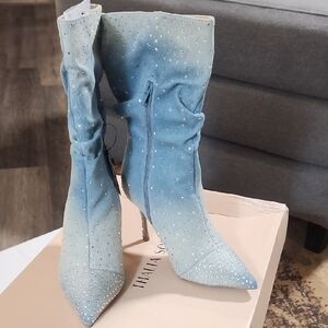 (Cute With Shorts Or Skirt!) Sodi Light Blue Rhinestone Heeled Boots